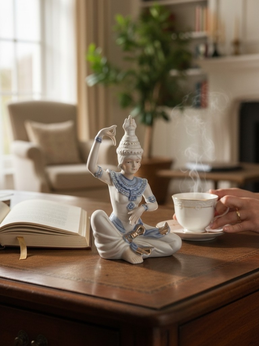Porcelain Seated Figurine Decorative Accent in White and Blue